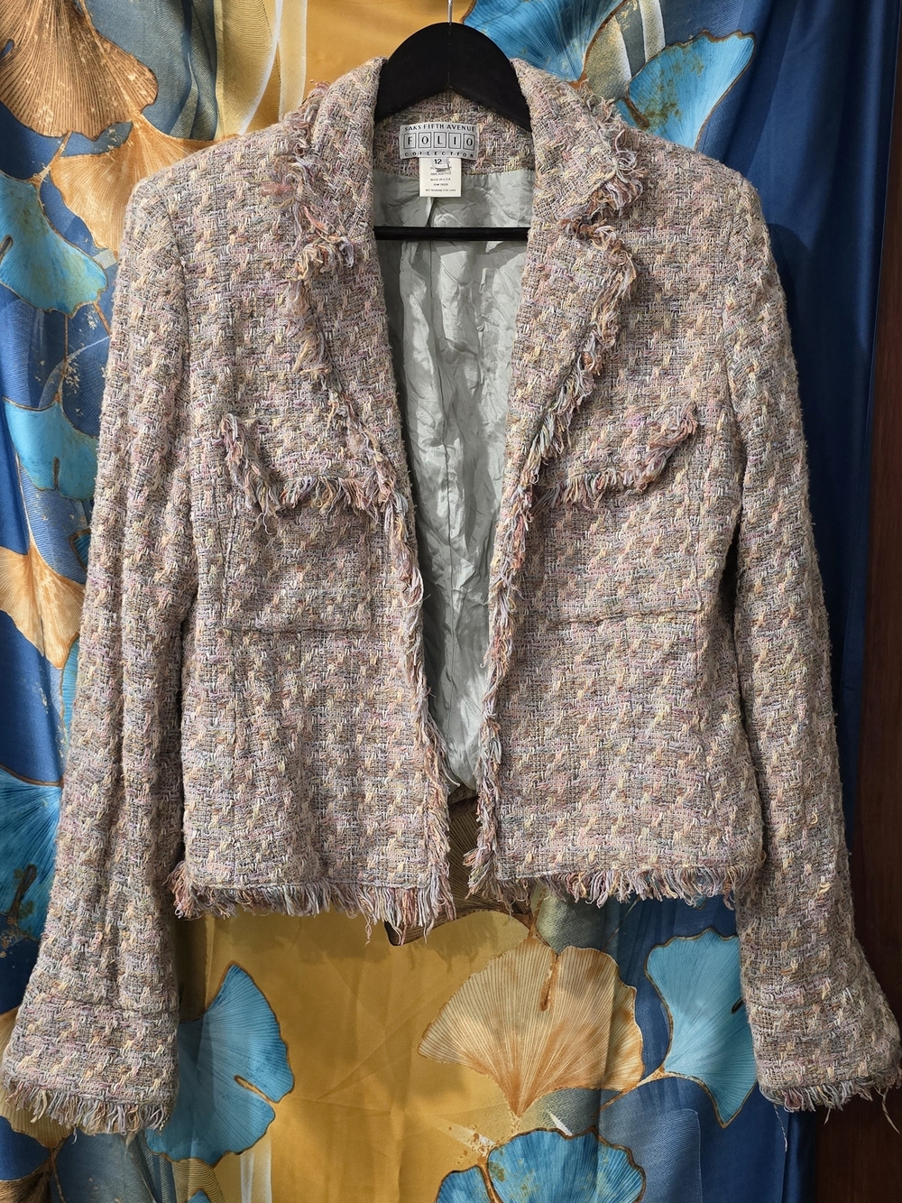 Saks Fifth Avenue Pink Multi Tweed Fringed Cropped Blazer